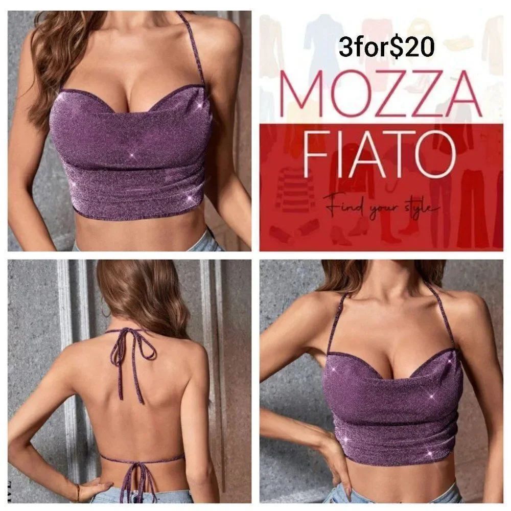 3for$20 NWT SHEIN Privé Draped Collar Tie Backless Crop Glitter Halter Top